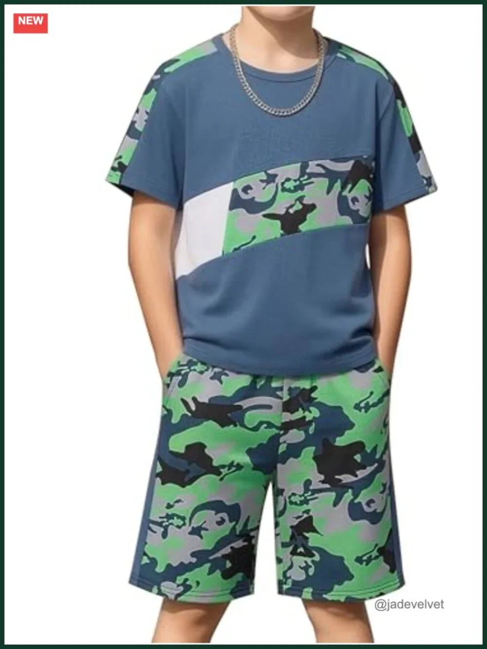 Camo Stitching T-Shirt and Athletic Shorts 2-Piece Set